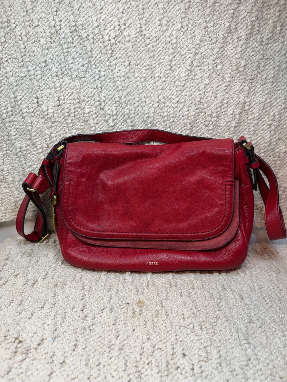 Fossil Red Leather Flap Crossbody Bag